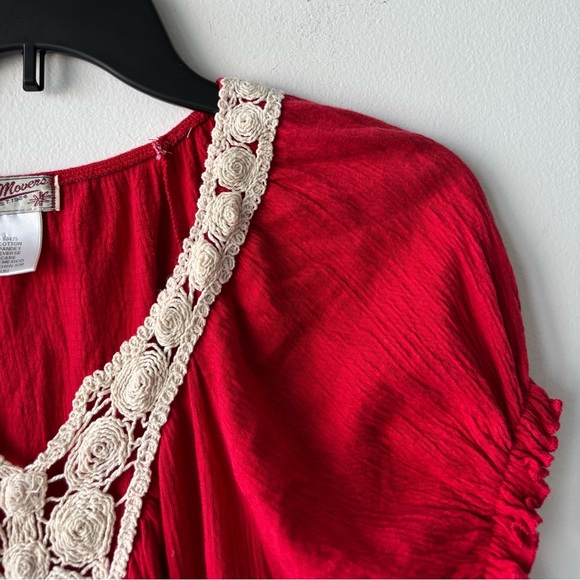 VTG LA Movers Top Red Crochet Short Sleeve Gauze Cotton Women M Boho Cottagecore - Picture 5 of 7